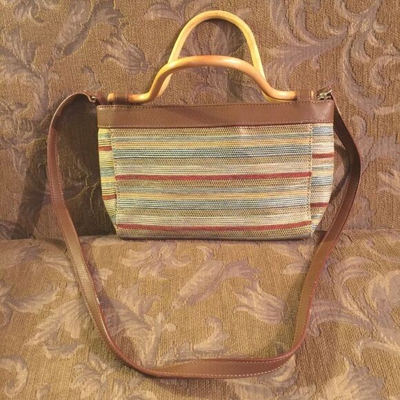 Worthington Brown stripe handbag w/ wood handles - Picture 2 of 6